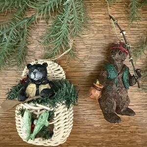 Rustic Bear Fisherman Ornaments Lot 2 – Resin & Wicker Cabin Fishing Christmas